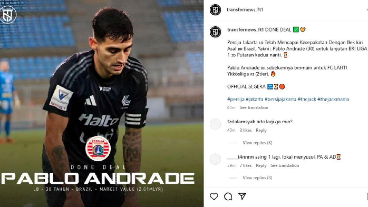Rumor sosok bek kiri asing bernama Pablo Andrade yang disinyalir segera bergabung ke Persija Jakarta untuk putaran kedua Liga 1 2024, Jumat (3/1).