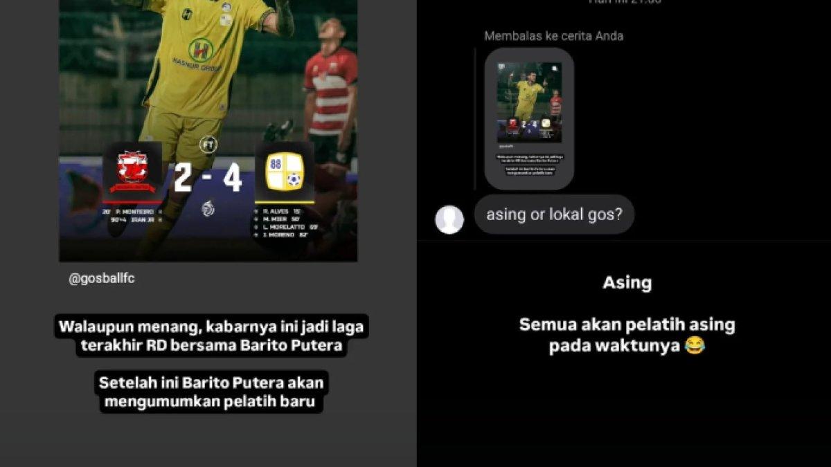 Kolase rumor pelatih Barito Putera di Liga 1 2024, yakni Rahmad Darmawan akan diganti pelatih asing seusai berhasil menang melawan Madura United di pekan ke-19 lalu, Minggu (19/1).