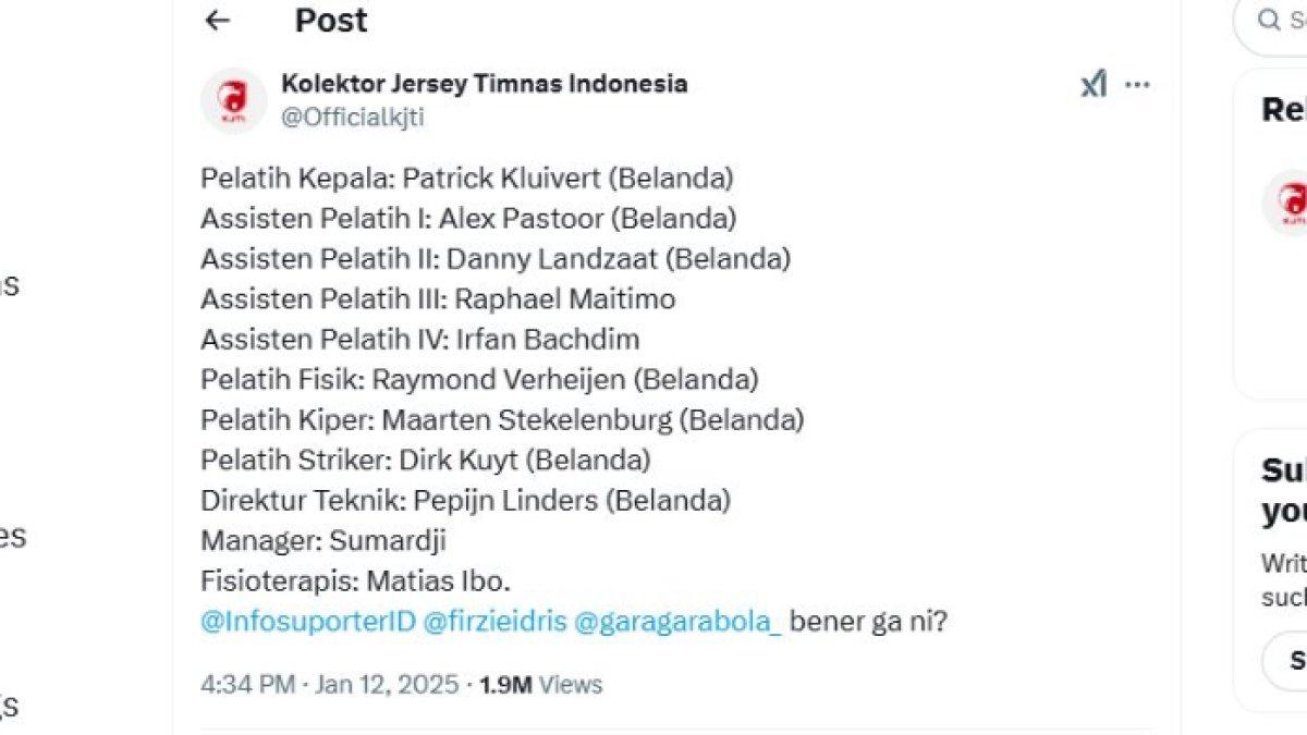 Beredar rumor beberapa nama staf kepelatihan Patrick Kluivert untuk Timnas Indonesia kelak, Minggu (12/1).