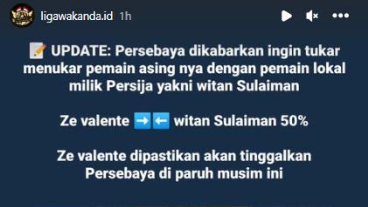 Rumor pertukaran pemain antara Persija Jakarta dan Persebaya Surabaya yang melibatkan Witan Sulaeman dan Ze Valente jelang putaran kedua Liga 1 2023.