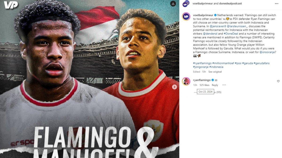 Pemain PSV Eindhoven, Ryan Flamingo memberi kode ingin membela Timnas Indonesia pada satu di antara kolom komentar akun Instagram media Belanda, @voetbalprimeur.