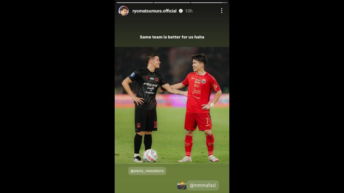 Kode ajakan Ryo Matsumura kepada bintang Persis Solo Alexis Messidoro yang disinyalir ingin mengajaknya bergabung ke Persija Jakarta di musim depan, Rabu, 17 April 2024.