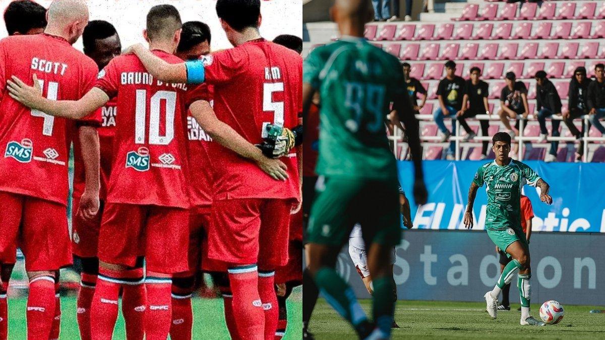 Skuad Semen Padang pada gelaran Liga 1 2024/2024 (kiri) dan cuplikan laga PSS Sleman kontra Persik Kediri di pekan kedua Liga 1 2024/2025 (kanan).