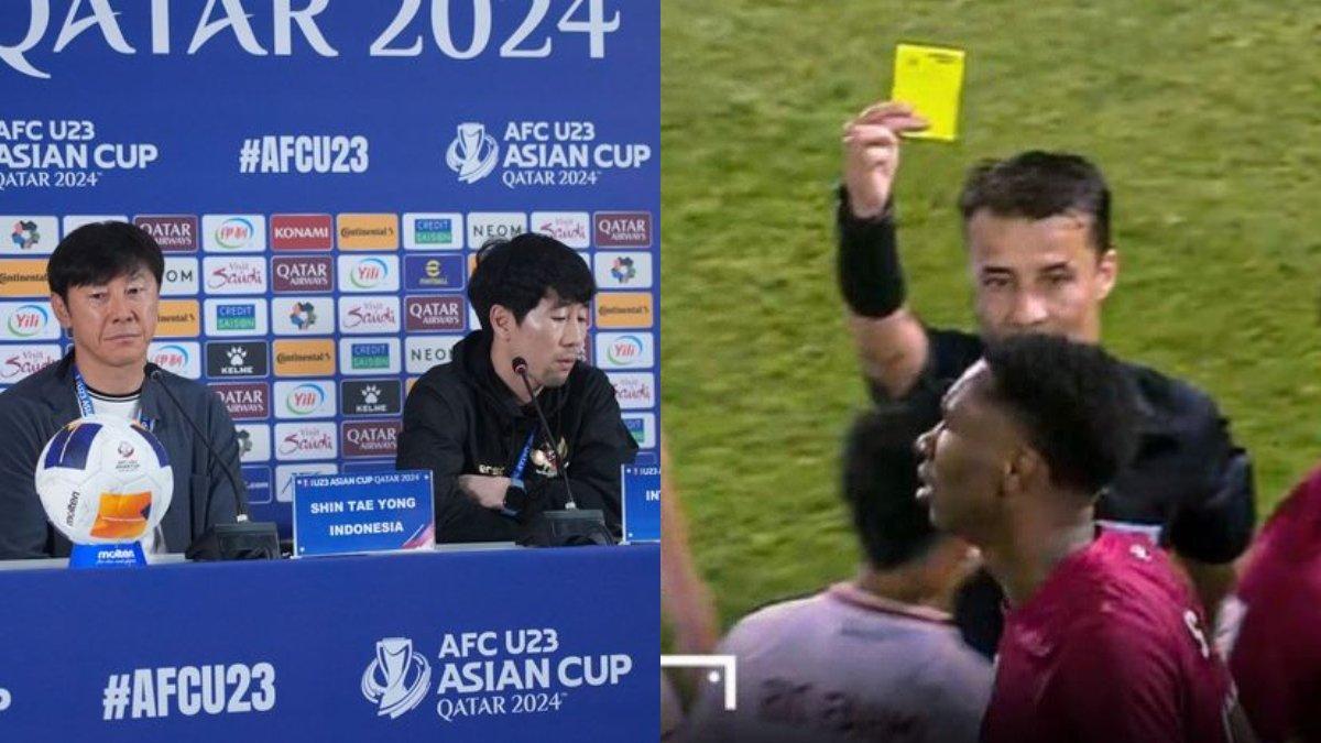Pelatih Timnas U-23 Indonesia Shin Tae-yong saat konferensi pers (kiri) dan wasit Nasrullo Kabirov (kanan).