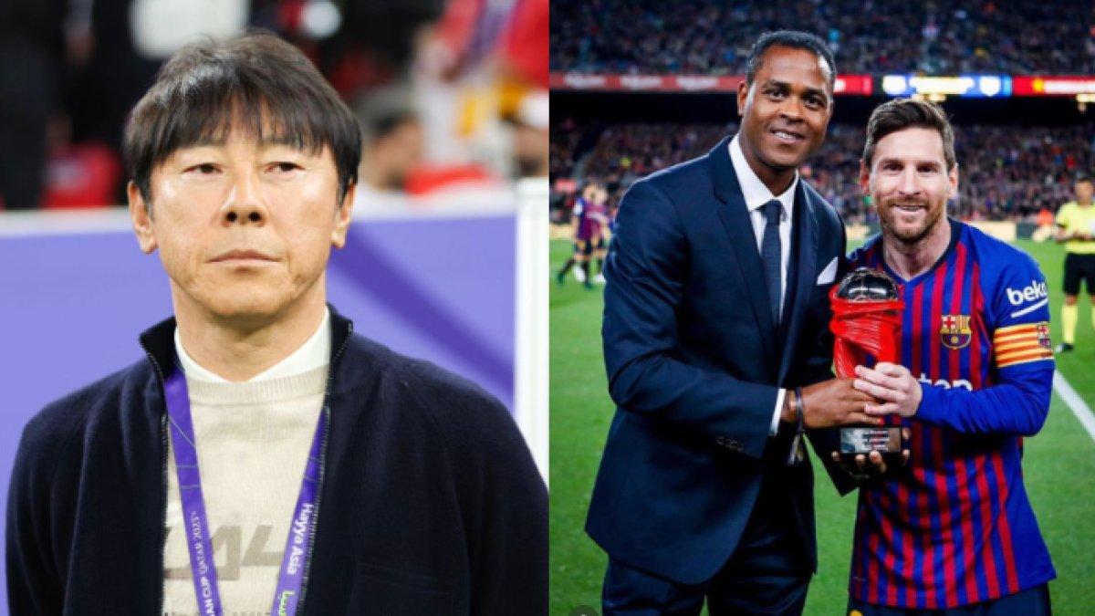 Sosok mantan pelatih Timnas Indonesia, Shin Tae-yong (kiri) dan calon kuat arsitek baru skuad Garuda sekaligus legenda Barcelona, Patrick Kluivert saat bersama Lionel Messi (kanan).