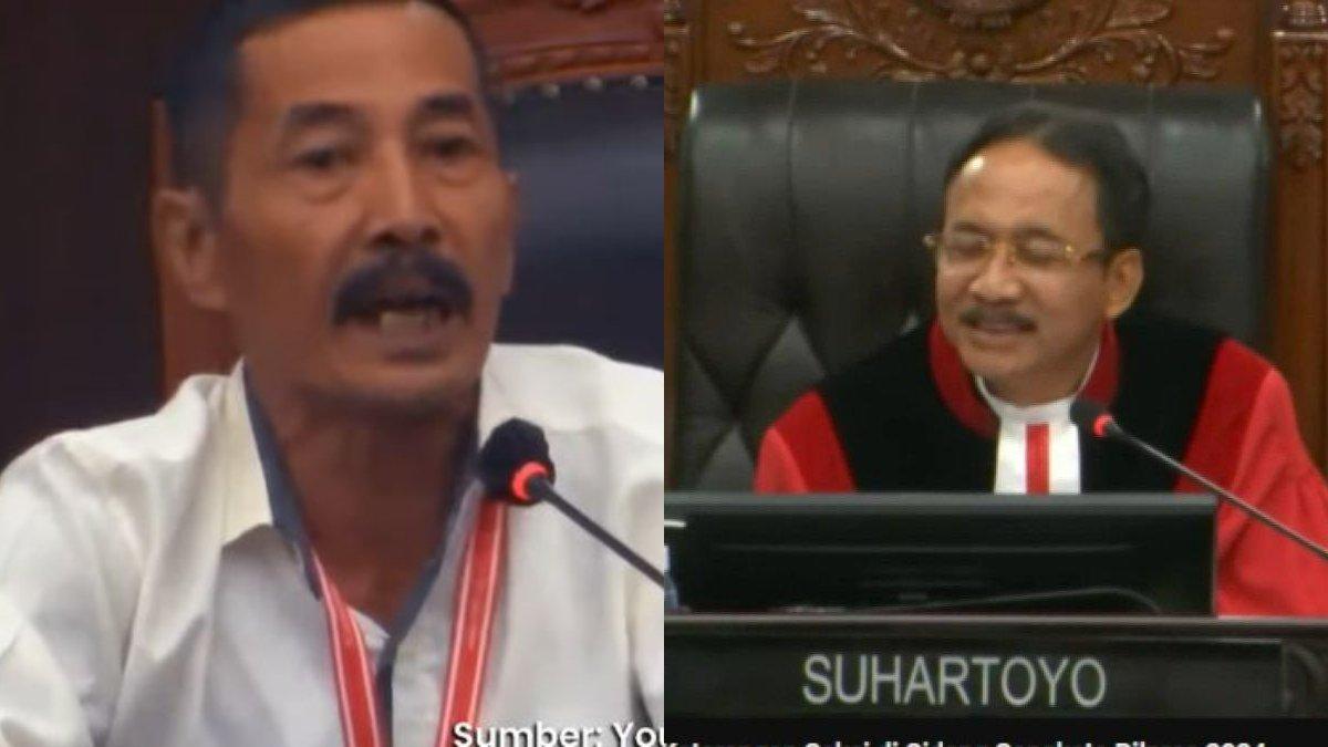 Ketua MK Suhartoyo (foto kanan) tertawa dengar pernyataan saksi pemohon Memed Alijaya (foto kiri), Selasa (2/4/2024)