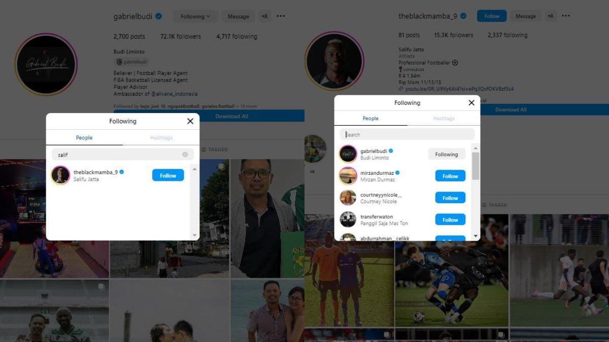 Gabriel Budi follow Salifu Jatta (kiri) dan Salfiu Jatta follow Gabriel Budi (kanan).