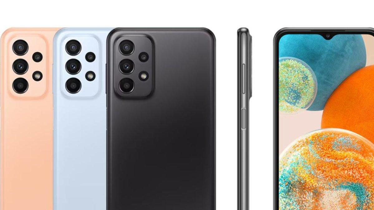 Samsung Galaxy A23 yang hadir dengan 4 pilihan warna: Orange, Light Blue, Black, dan Silver.