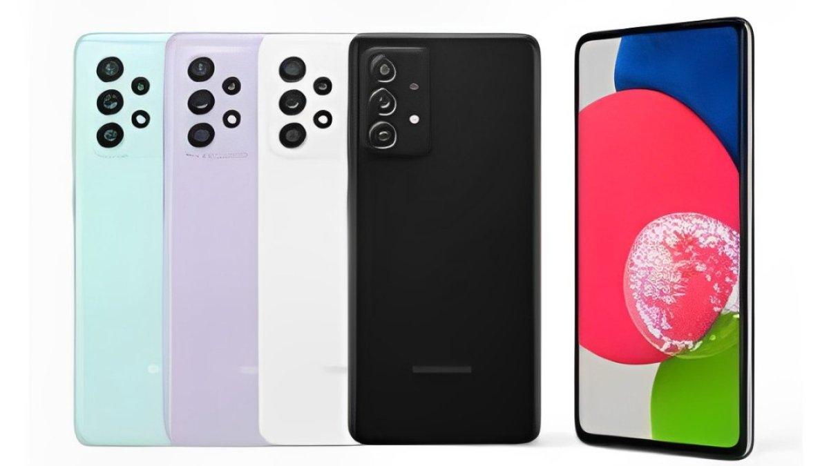 Tampak desain bodi belakang Samsung Galaxy A52s 5G: Awesome Mint, Awesome Purple, Awesome White, Awesome Black.