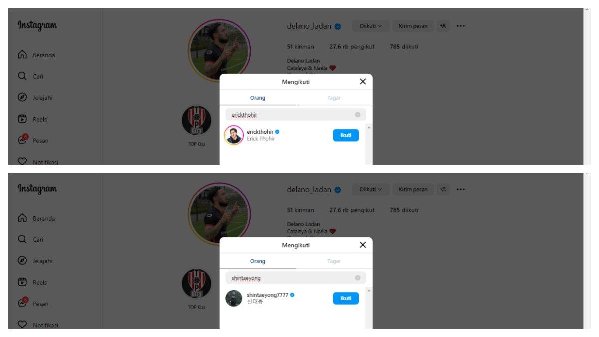 Tangkapan layar saat Delano Ladan memfollow Instagram Erick Thohir dan Shin Tae-yong
