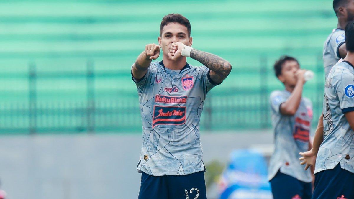 Aksi selebrasi Gali Freitas di laga PSIS Semarang melawan Dewa United di pekan ke-25 Liga 1 2023.