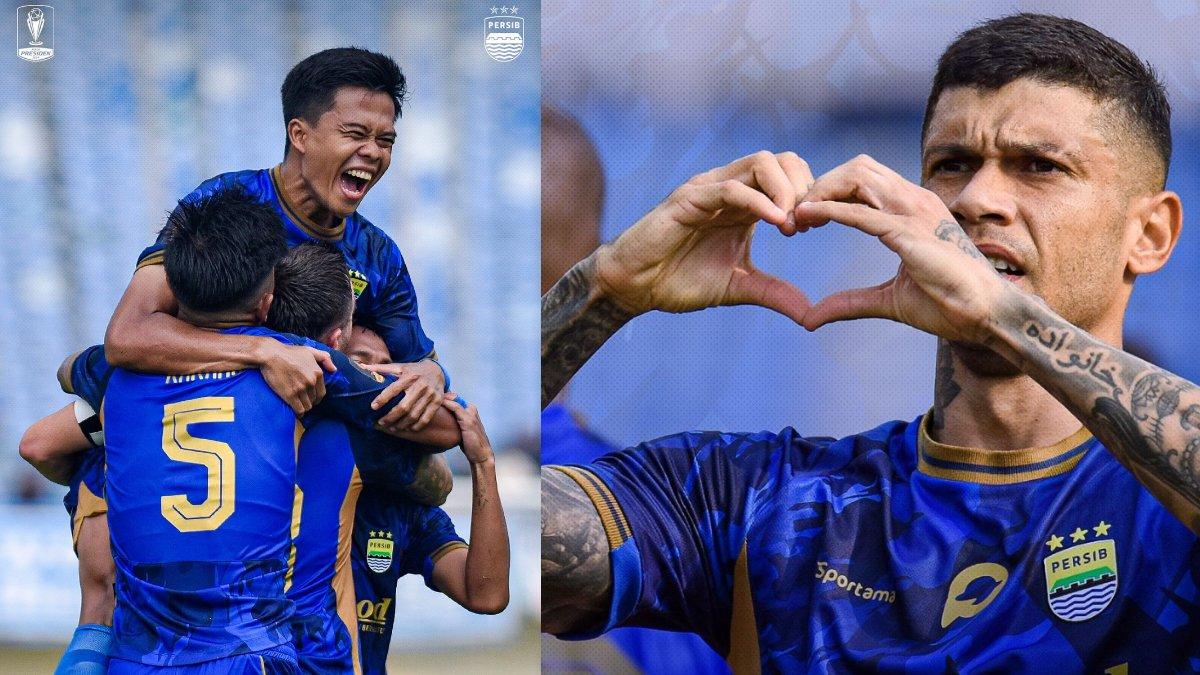 Potret selebrasi penggawa Persib Bandung di laga kontra PSM Makassar, di Stadion Si Jalak Harupat, Bandung, Jawa Barat, Jumat (19/7/2024).