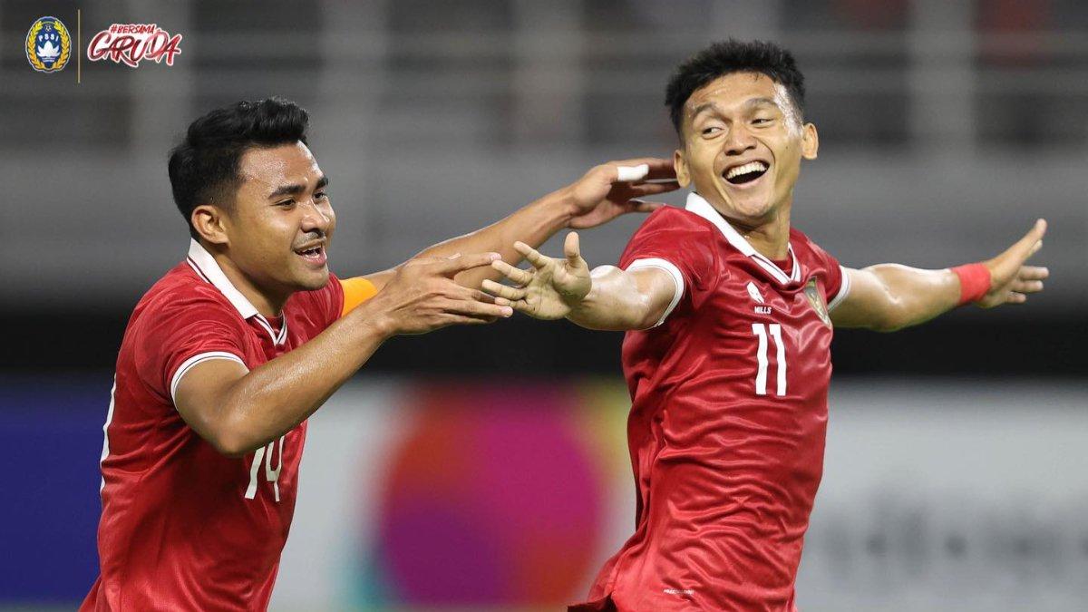 Aksi selebrasi Dendy Sulistiawan setelah mencetak gol pembuka keunggulan Timnas Indonesia atas Turkmenistan, Jumat 8 September 2023.