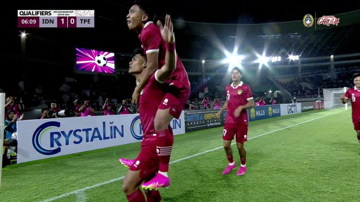 Potret aksi selebrasi gol dari Ramadhan Sananta saat Timnas U-23 Indonesia unggu; 2-0 atas Cina Taipei di ajang Kualifikasi Piala Asia U-23 2024, Sabtu 9 September 2023.