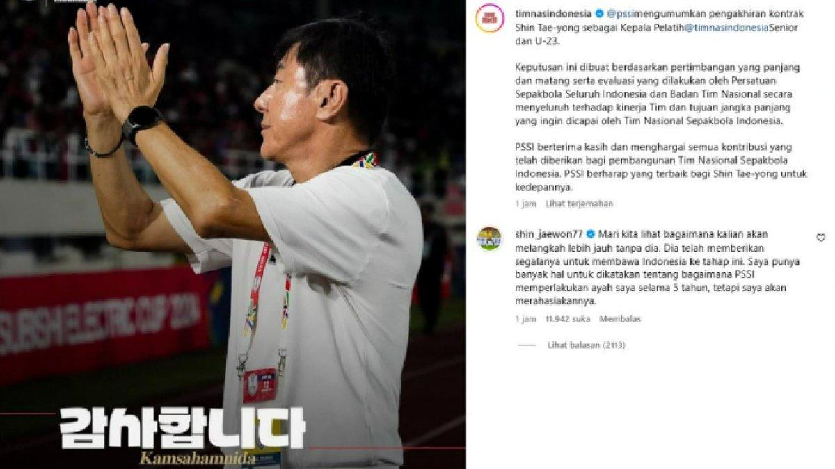 Capture unggahan perpisahan Shin Tae-yong yang dikomentari oleh anaknya, Shin Jae-woon.