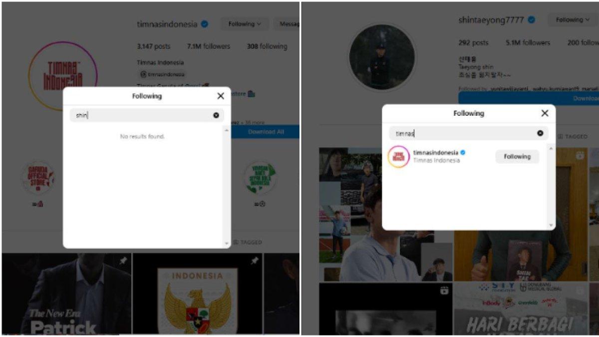 Capture Shin Tae-yong yang kepergok sudah di unfollow akun Instagram Timnas Indonesia (kiri) dan akun IG STY yang masih follow Timnas Indonesian (kanan).