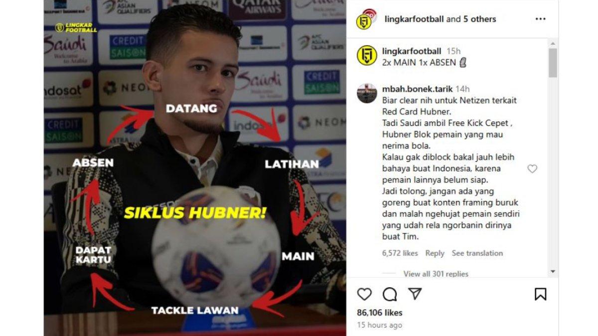 Tangkapan layar postingan tentang siklus Hubner yang unik saat membela Timnas Indonesia.