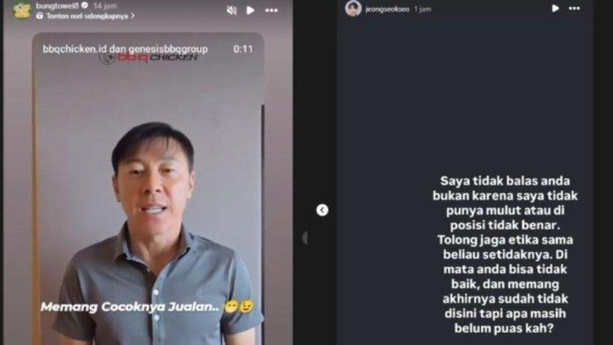 Kolase foto Bung Towel yang masih nyinyir kepada eks pelatih Timnas Indonesia Shin Tae-yong (kiri), yang mana membuat mantan asisten di skuad Garuda, yakni Jeong Seok-seo alias Jeje jadi meradang (kanan), Senin (13/1).
