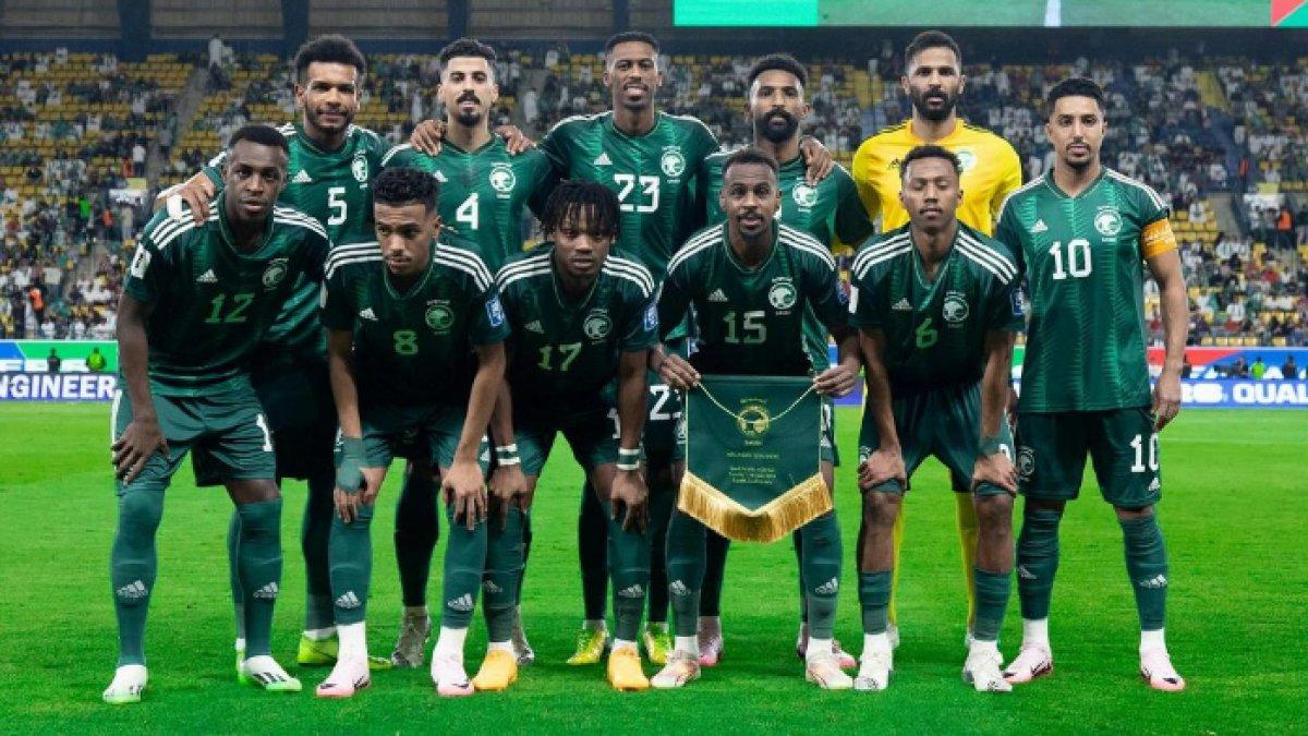 Skuad Timnas Arab Saudi saat melawan Jordania pada ronde kedua babak kualifikasi Piala Dunia 2026 Zona Asia di Al -Awwal Stadium, 12 Juni 2024.