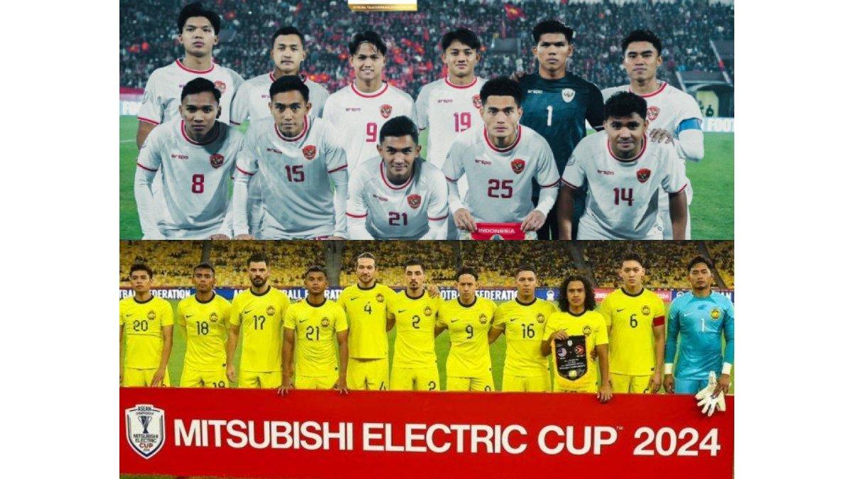Skuad Timnas Indonesia (atas) dan Malaysia (bawah) di gelaran ASEAN Cup 2024.