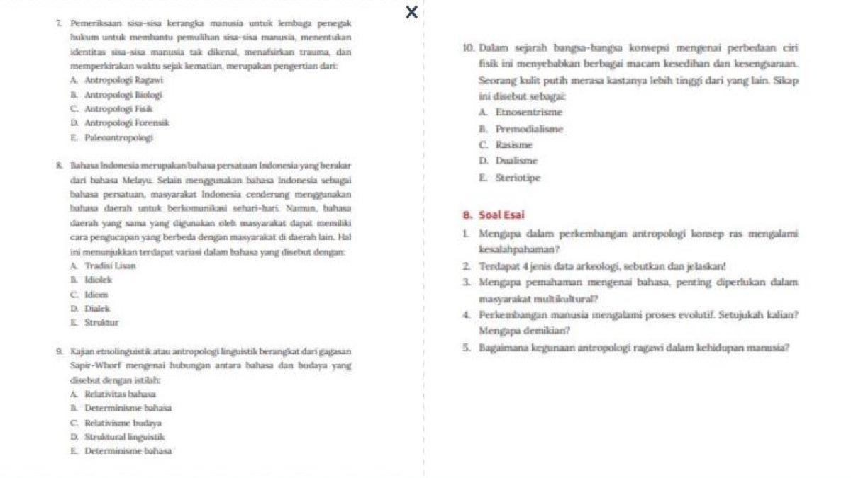 Soal Antropologi kelas 11 SMA Bab 2 Kurikulum Merdeka