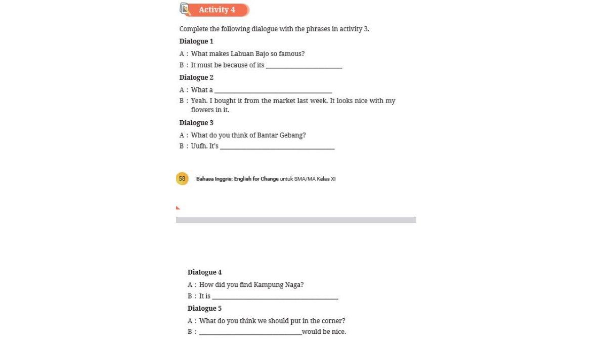 Soal Bahasa Inggris kelas 11 SMA Kurikulum Merdeka Unit 2 Speaking Activity 4 Halaman 58-59.