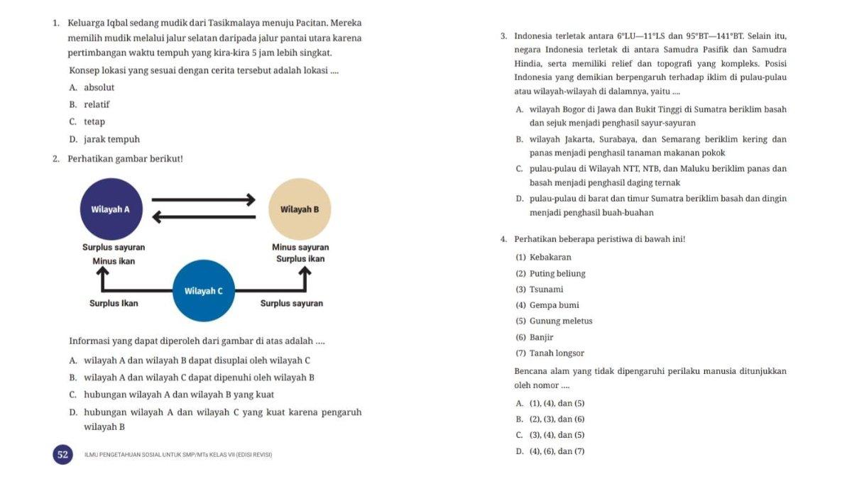 Soal IPS kelas 7 SMP kurikulum merdeka Edisi Revisi uji kompetensi tema 1 nomor 1-2 (kiri) dan 3-4 (kanan). Simak kunci jawaban pilihan ganda uji kompetensi tema 1 IPS kelas 7 SMP kurikulum merdeka Edisi Revisi.