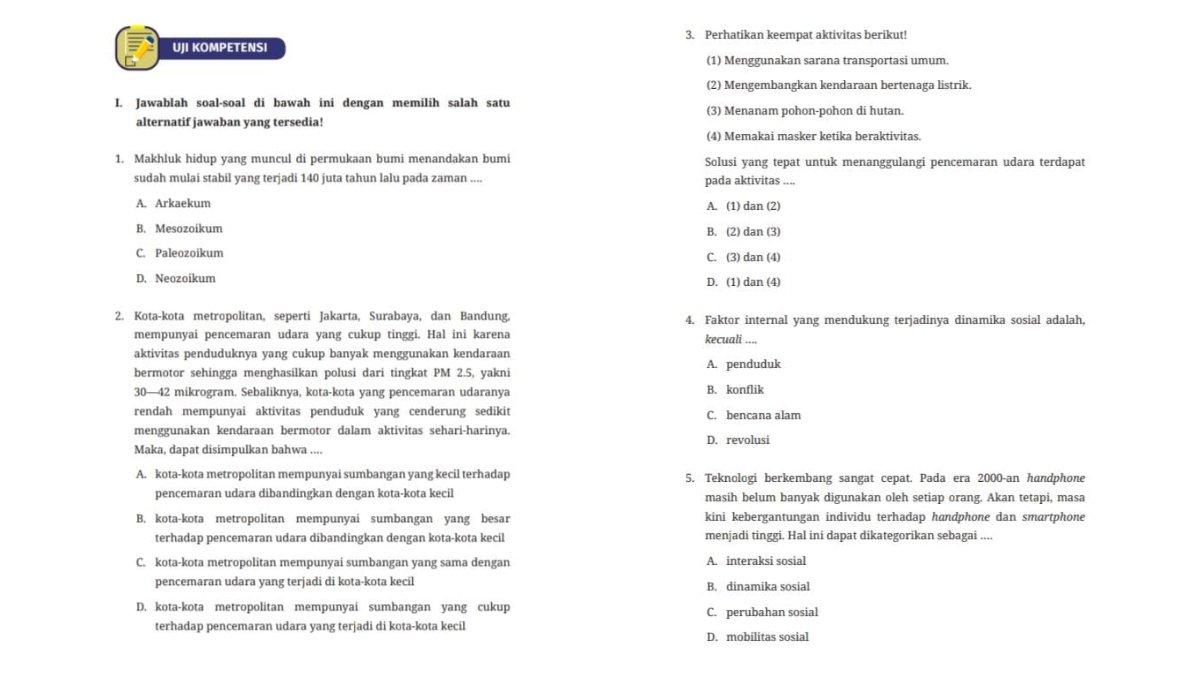 Soal IPS kelas 7 SMP  uji kompetensi tema 2 pilihan ganda nomor 1-2 (kiri) dan 3-5 (kanan). Simak kunci jawaban pilihan ganda uji kompetensi tema 1 IPS kelas 7 SMP kurikulum merdeka Edisi Revisi.