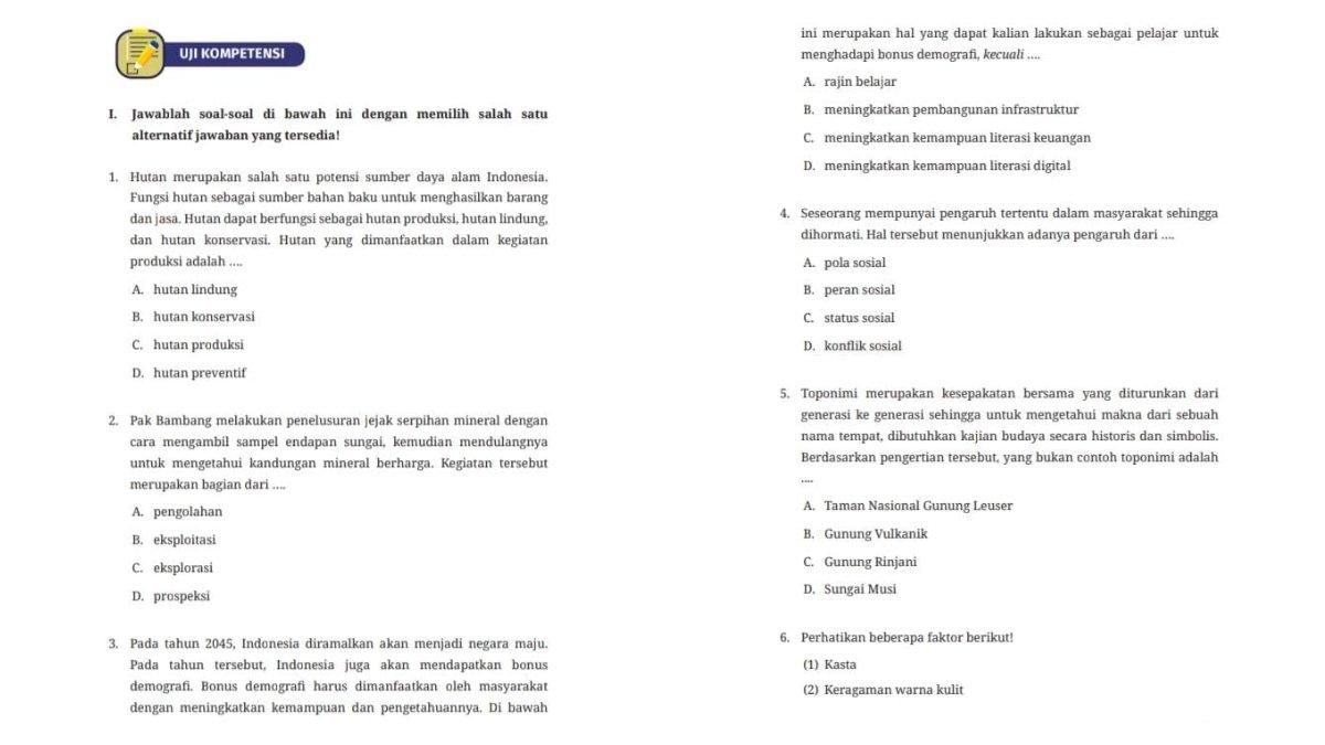 Soal IPS kelas 7 SMP kurikulum merdeka Edisi Revisi uji kompetensi tema 3 nomor 1-3 (kiri) dan lanjutan nomor 3-6 (kanan). Simak kunci jawaban pilihan ganda uji kompetensi tema 3 IPS kelas 7 SMP kurikulum merdeka Edisi Revisi.