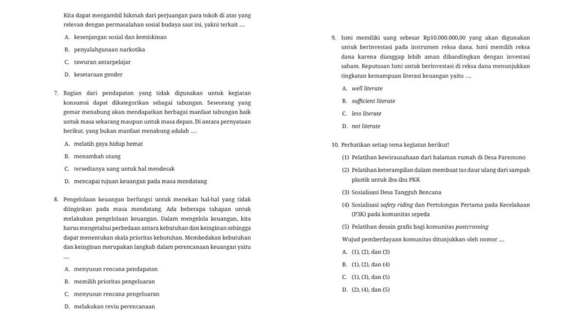 Soal IPS kelas 7 SMP kurikulum merdeka Edisi Revisi uji kompetensi tema 4 lanjutan nomor 6-8 (kiri) dan 9-10 (kanan). Simak kunci jawaban pilihan ganda uji kompetensi tema 4 IPS kelas 7 SMP kurikulum merdeka Edisi Revisi.