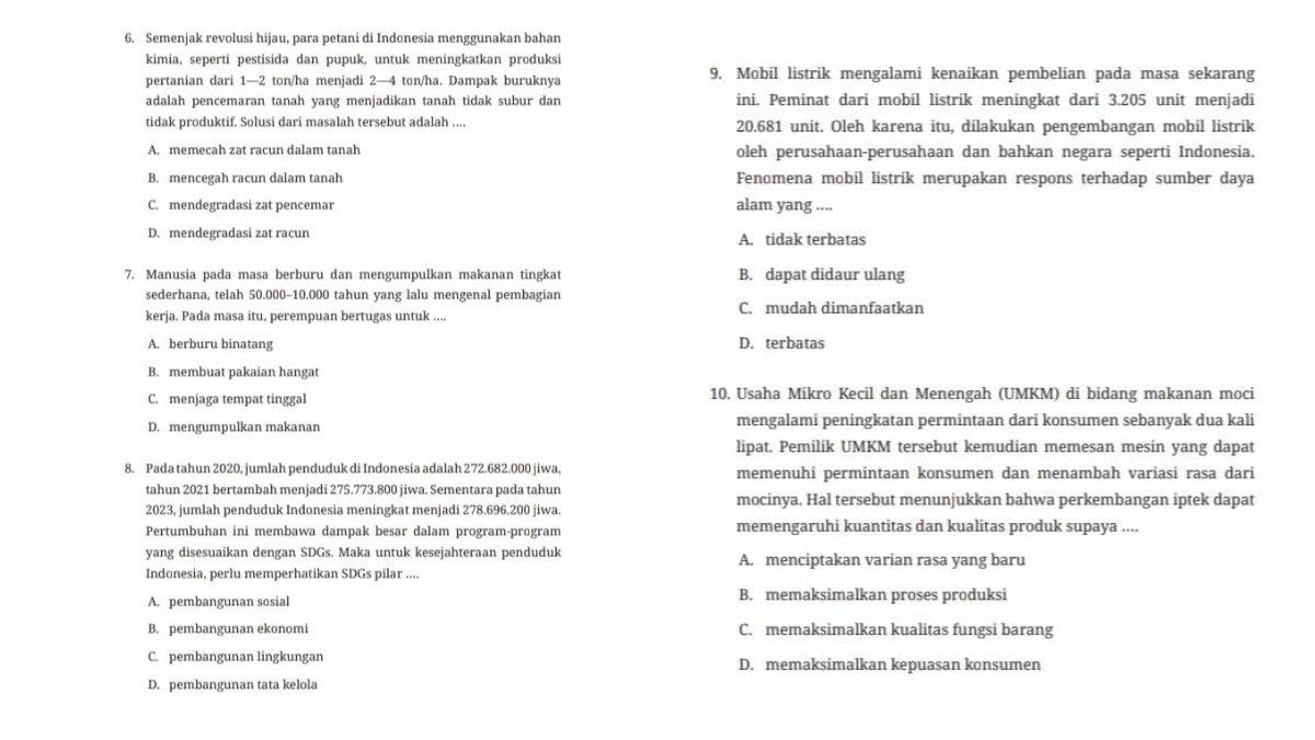 Soal IPS kelas 7 SMP  uji kompetensi tema 2 pilihan ganda nomor 6-8 (kiri) dan 9-10 (kanan). Simak kunci jawaban pilihan ganda uji kompetensi tema 1 IPS kelas 7 SMP kurikulum merdeka Edisi Revisi.