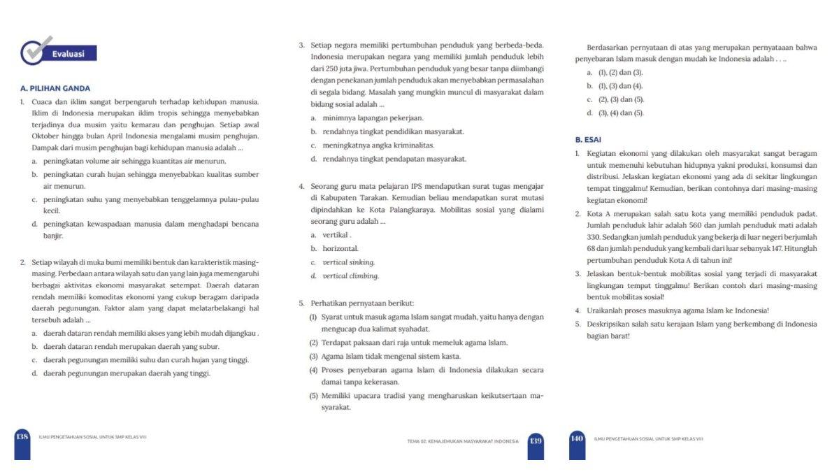 Soal IPS kelas 8 SMP kurikulum merdeka evaluasi tema 2 pilihan ganda dan essai. Simak kunci jawaban evaluasi tema 2 IPS kelas 8 SMP kurikulum merdeka.