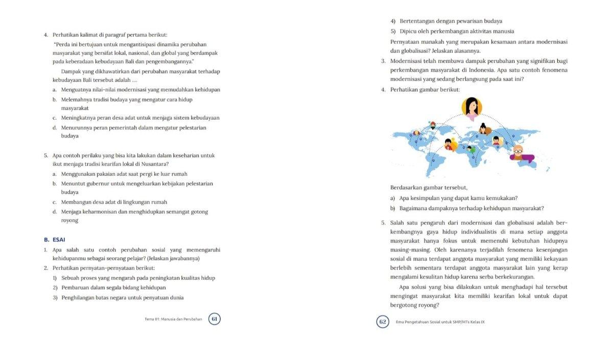 Soal IPS kelas 9 SMP kurikulum merdeka evaluasi tema 1 pilihan ganda nomor 4-5 dan essai. Simak kunci jawaban evaluasi tema 1 IPS kelas 9 SMP kurikulum merdeka.