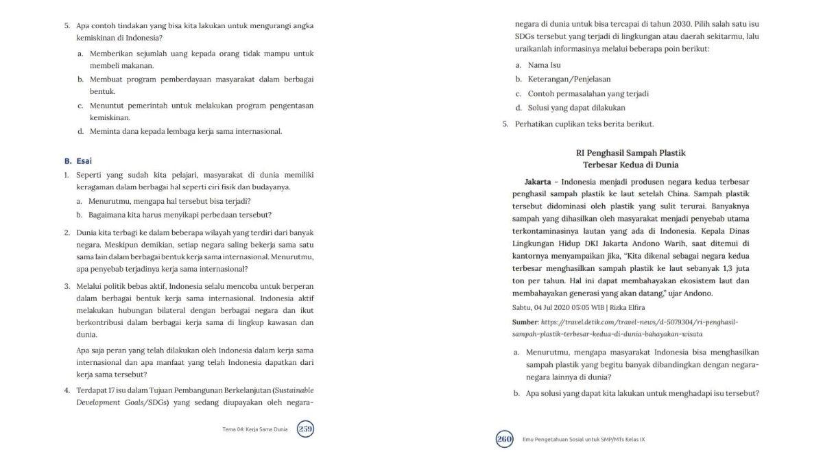 Soal IPS kelas 9 SMP kurikulum merdeka evaluasi tema 4 pilihan ganda nomor 5 dan essai. Simak kunci jawaban evaluasi tema 4 IPS kelas 9 SMP kurikulum merdeka.