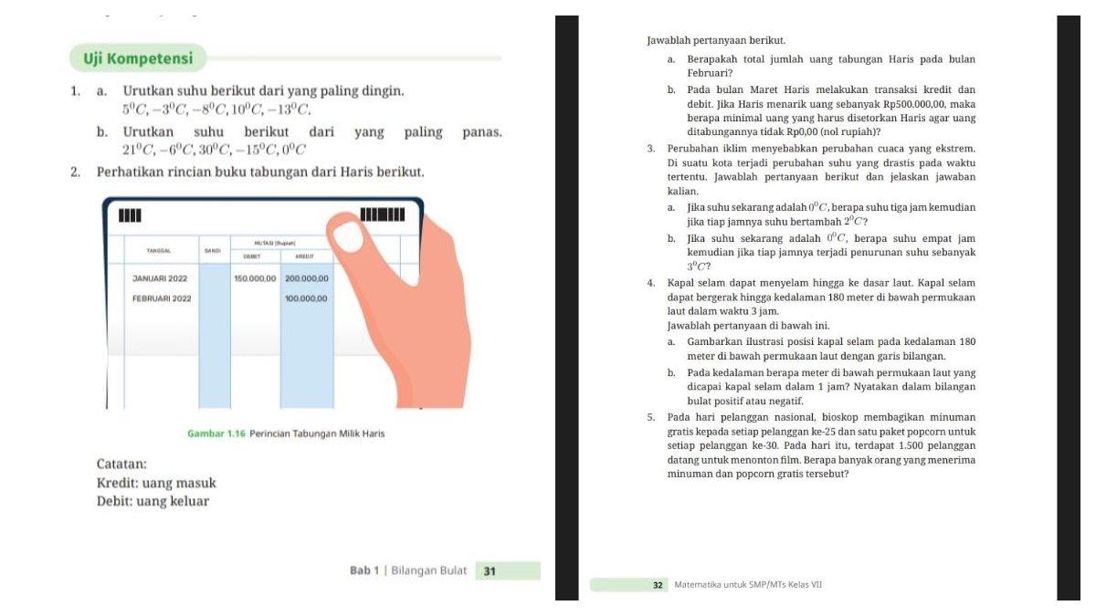Soal dalam buku matematika kelas 7 kurikulum merdeka uji kompetensi bab 1 halaman 31 nomer 1-2 (kiri) dan nomer 3-5 (kanan).