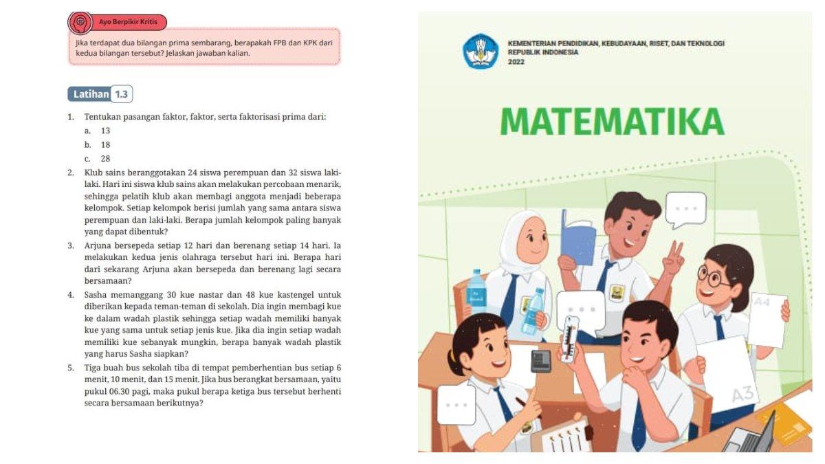 Soal Matematika kelas 7 Kurikulum merdeka latihan 1.3 halaman 30 (kiri) dan sampul buku Matematika kelas 7 SMP 2022 karya Dicky Susanto, dkk. Simak pembahasannya.