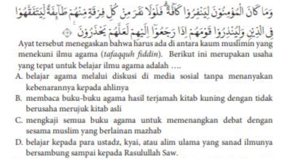 Soal No. 9 pilihan ganda Buku Pendidikan Agama Islam dan Budi Pekerti untuk Kelas 10 Kurikulum Merdeka halaman 145. (10/10/2024).