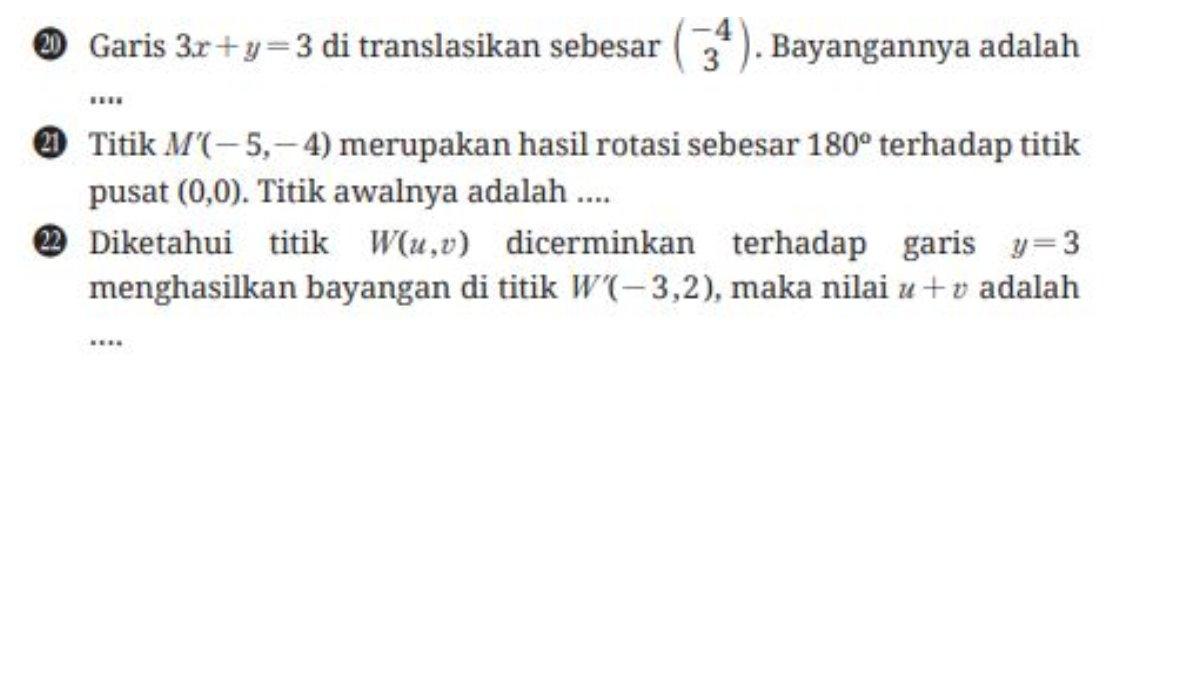 Berikut soal nomor 20, 21, dan 22 yang terdapat pada uji kompetensi bab 3 halaman 207.