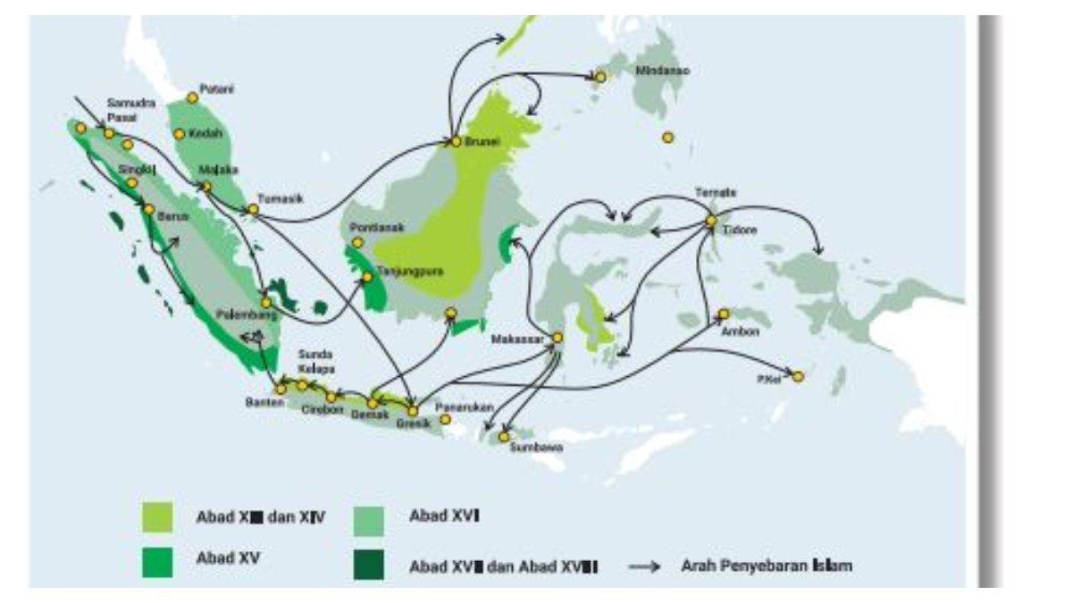 Gambar peta penyebaran Islam di wilayah Nusantara halaman 203.