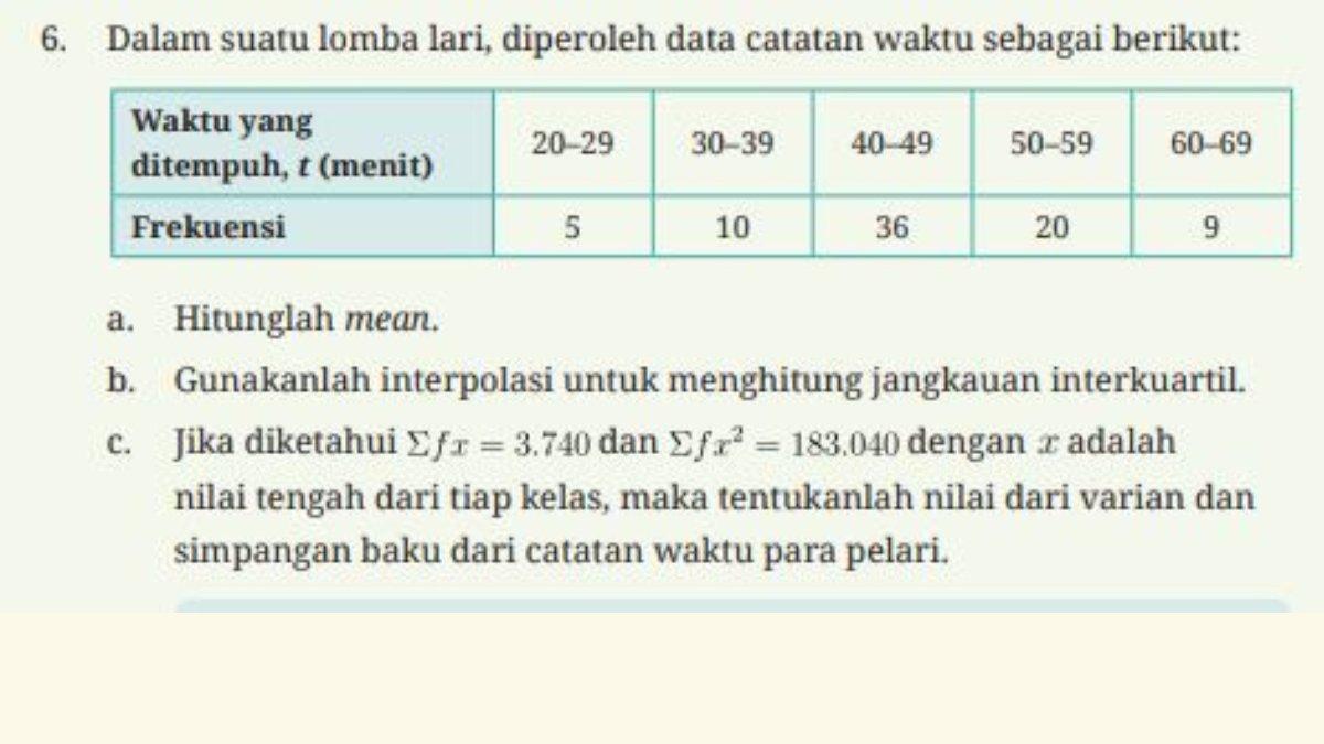 Soal Nomor 6 Halaman 223 berupa tabel yang berisi data catatan waktu dalam suatu lomba lari.