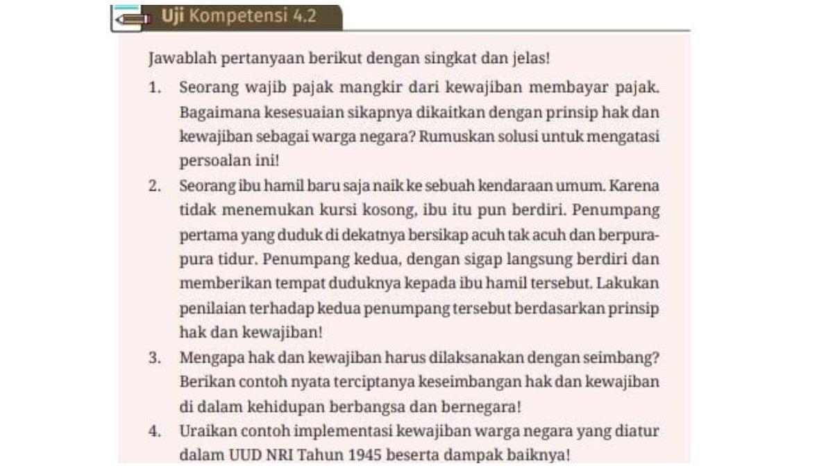 Soal PKN kelas 10 SMA kurikulum merdeka uji kompetensi 4.2. Simak pembahasan kunci jawaban uji kompetensi 4.2 PKN kelas 10 SMA kurikulum merdeka.