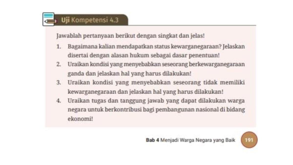 Soal PKN kelas 10 SMA kurikulum merdeka uji kompetensi 4.3. Simak pembahasan kunci jawaban uji kompetensi 4.3 PKN kelas 10 SMA kurikulum merdeka.
