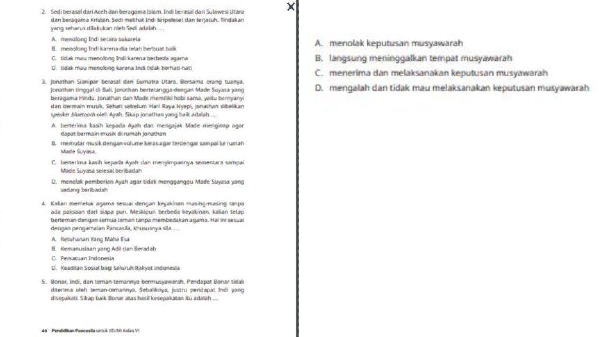Soal nomor 2 sampai 5 PKN kelas 6 bab 2 Mengamalkan Pancasila untuk Kebahagiaan Bersama