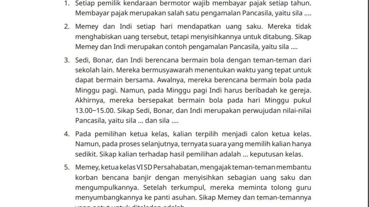 Soal essai Pendidikan Pancasila kelas 6 SD bab 2 Mengamalkan Pancasila untuk Kebahagiaan Bersama halaman 47