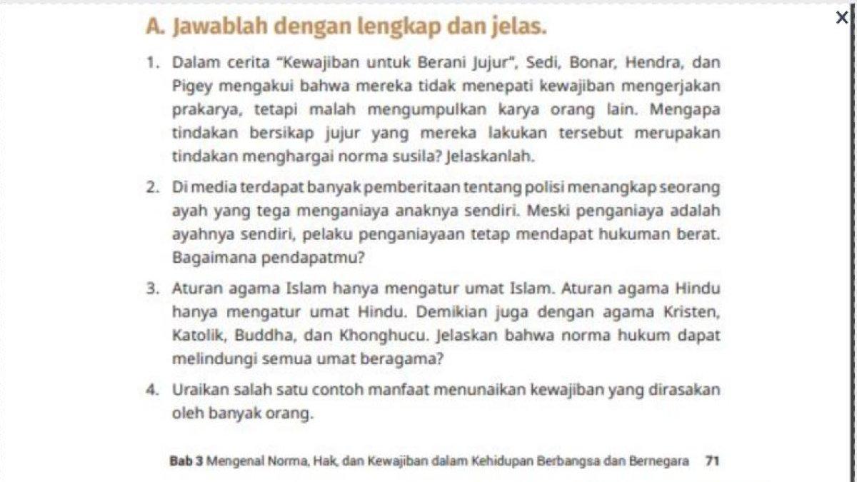 Soal Pendidikan Pancasila kelas 6 SD bab 3 point A halaman 70