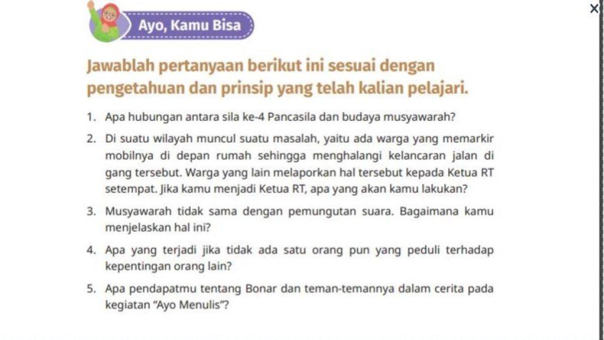Soal essai Pendidikan Pancasila kelas 6 SD bab 4 Belajar Bermusyawarah halaman 90 Kurikulum Merdeka