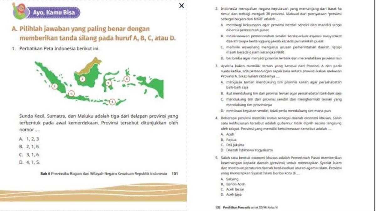Soal Pilihan ganda Pendidikan Pancasila kelas 6 SD (kiri) soal nomor 1, (kanan) soal nomor 2-5.