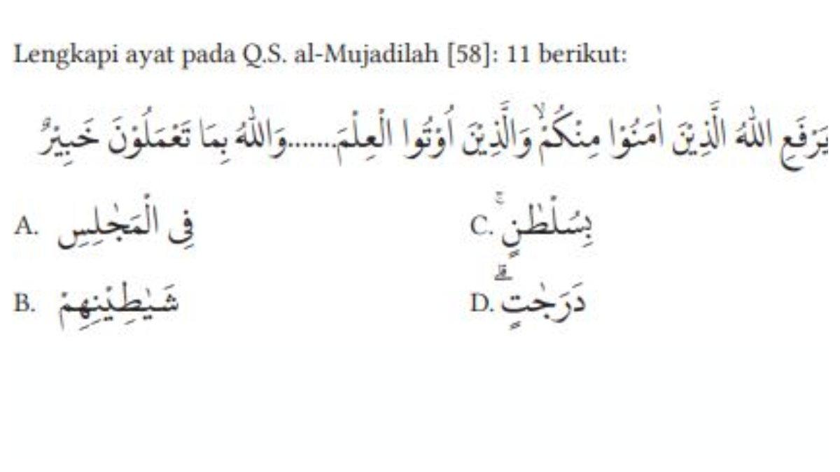 Soal pilihan ganda nomor 1 berupa potongan ayat Al-Qur'an yang rumpang dan perlu dilengkapi halaman 22.