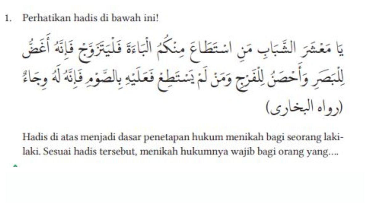 Soal Pilihan Ganda Nomor 1 Halaman 288 berupa hadis yang menjadi dasar penetapan hukum menikah bagi seorang laki-laki.