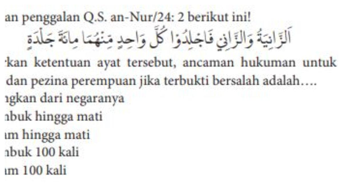 Soal Pilihan Ganda Nomor 4 Halaman 171, berupa potongan Q.S. an-Nur/24: 2 yang terdapat pada Bab 6.
